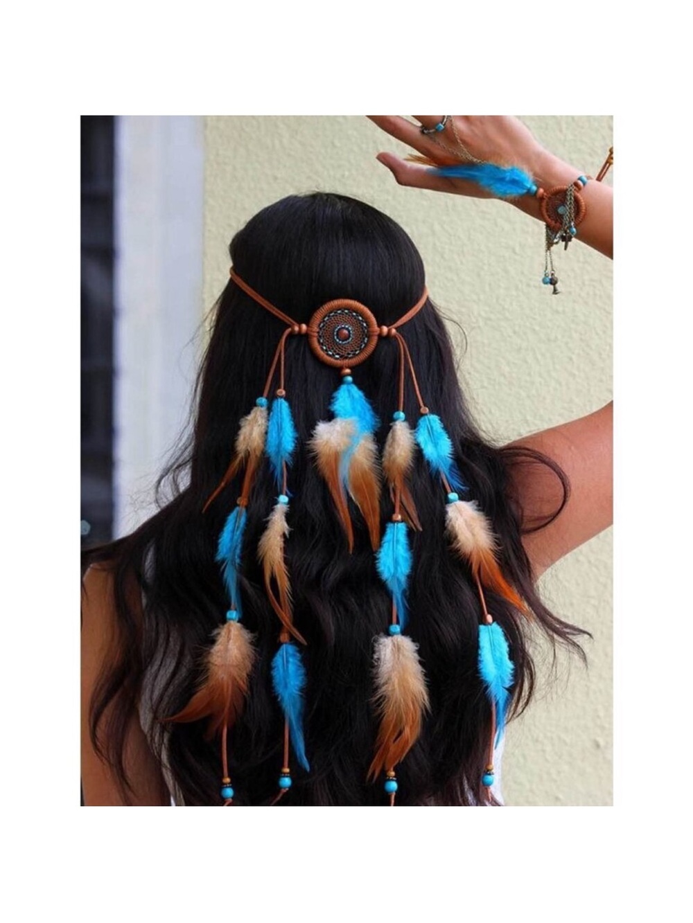 Bohemian Feather Headband Indian Gypsy Elastic Beaded Tassel Accessory new